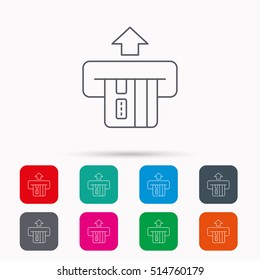Insertar icono de tarjeta de crédito. Signo de compra. Símbolo ATM del banco. Iconos lineales en cuadrados sobre fondo blanco. Símbolos planos. Vector