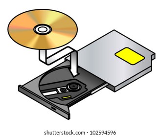 Insert disc. A portable optical drive with its drawer/tray opened and a disc being inserted.