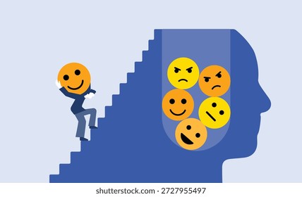 Inserir emojis felizes na forma do rosto, aumentar a felicidade desenvolvimento de saúde mental ilustração
