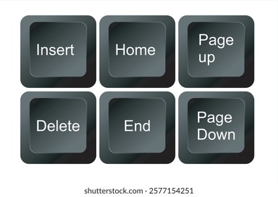 insert home page up down end delete keys, Close up view of six keys on a computer keyboard modern laptop or computer, Top view, Space for text. black and white