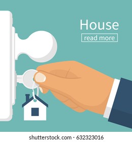 Insert the key into the keyhole. Open the doors. Real Estate concept, template for sales, rental, advertising. Sign on the home. Vector illustration flat design.