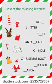 Insert the missing letters, spell the word, christmas cartoon style, xmas educational spelling reading school game for the development of children, kids preschool activity, printable worksheet vector