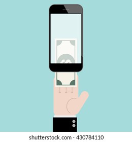 Insert money to transfer with hand and smart phone. Online shopping. Mobile banking. Flat design for business financial marketing commercial advertisement concept cartoon illustration.