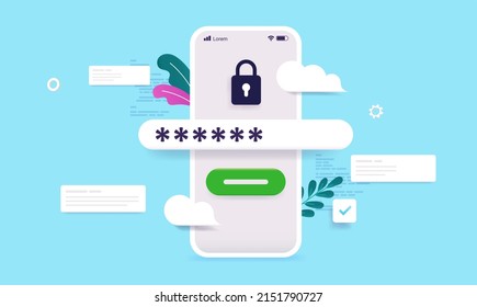 Insert password vector illustration of smartphone with locked screen and field to insert passwords