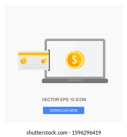 Insert Silver Card Credit or Debit Gold Coin From Left Side On Laptop For Payment Online Flat Icon Vector Illustration