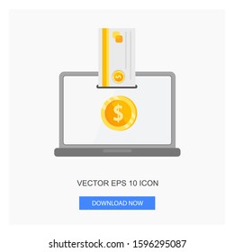 Insert Silver Card Debit Gold Coin From Above Side On Laptop For Payment Online Vector Illustration Icon Flat