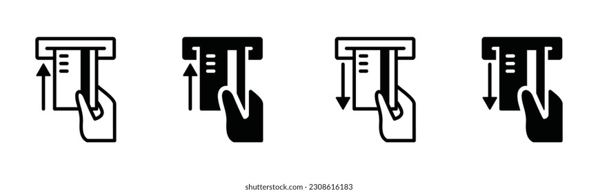 Insert and take credit card icon. Insert and take the ATM card into the slot symbol in line and flat style on white background with editable stroke for apps and websites. Vector illustration