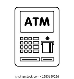 Inserted card of ATM machine. Withdrawal, accounting, currency exchange, finance, shopping concept. Black and white abstract flat design.