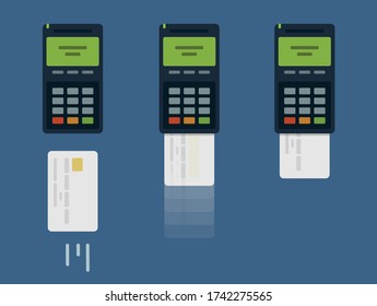 Inserting card into POS terminal, flat vector illustration	