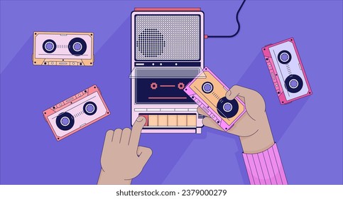 Inserting cassette tape into player lofi wallpaper. Listening music 80s 2D hands cartoon flat illustration. Putting tape inside recorder device chill vector art, lo fi aesthetic colorful background