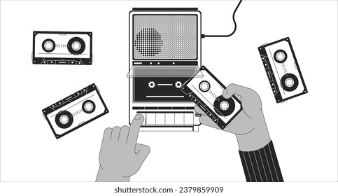 Inserting cassette tape into player black and white lofi wallpaper. Listening music 80s 2D outline hands cartoon flat illustration. Putting tape inside recorder vector line lo fi aesthetic background