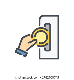 Inserting Coin color line icon. Hand Pays with Coin vector outline colorful sign.