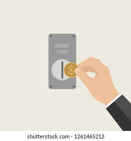 Inserting coin to vending machine. Hand holding money. Snack automat. Arcade automat machine. Gambling casino slot machine. Vector isolated illustration