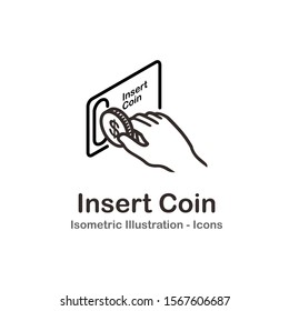 Inserting Coin. Vending Machine. Holding Money in Hand. Arcade Machine. Isometric Vector Illustration Icon