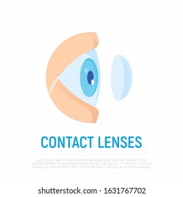 Inserting contact lens in eye thin line icon. Vision correction. Ophthalmology vector illustration.