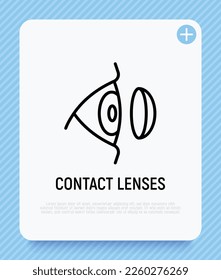 Einsetzen der Kontaktlinse in das Symbol für die dünne Linie des Auges. Sehkorrektur. Ophthalmologie, Vektorgrafik.