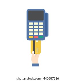 Inserting credit card into credit card reader machine.