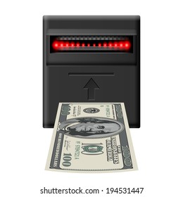 Inserting hundred dollar banknote into terminal cash receiver 
