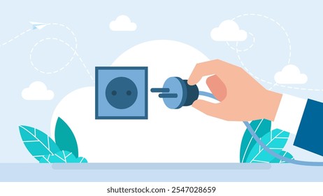 Inserindo um plugue em uma tomada elétrica. Conexão ou desconexão da eletricidade com plugue e tomada. Fio de desconexão elétrica, tomada elétrica e plugue. Ilustração vetorial.