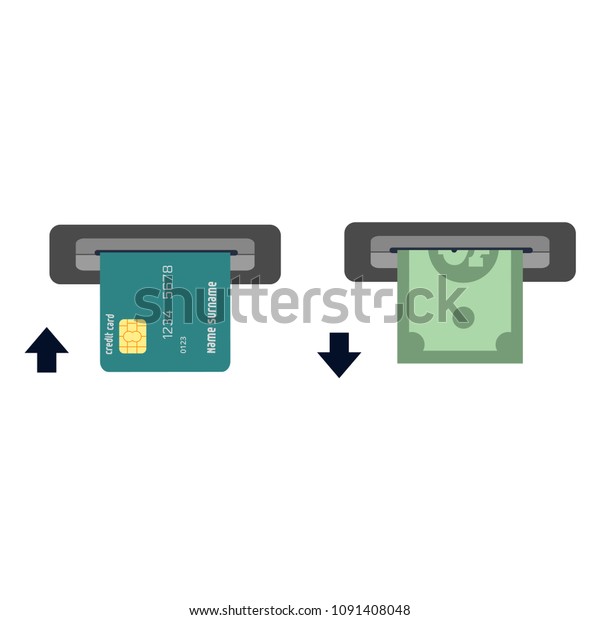 inserts a credit card into ATM and takes the money\
from the ATM. Vector illustration cashing in of money of the ATM.\
Money withdrawal in Bankomat. ATM terminal usage concept in flat\
style.