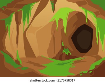 Inside of abandoned cave with moss on the walls, cartoon flat vector illustration isolated on white background. Dangerous stone tunnel entrance. Concepts of exploration and adventures.