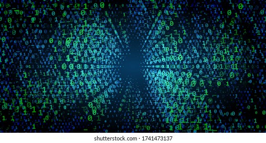 Inside abstract futuristic cyberspace.  Code matrix concept.  Code stream in perspective. Hacking programming data.  Machine learning. Artificial Intelligence. 