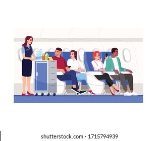 Inside Aeroplane Semi Flat Vector Illustration. Stewardes Offer Drinks. Econom Class For Travelers. Passengers Onboard Of Airplane. Airline Services 2D Cartoon Characters For Commercial Use