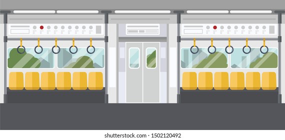 Inside air train with nobody. Empty railroad car. Interior of electric train with city view. concept vector design.