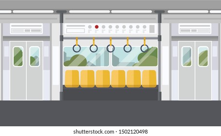 Inside air train with nobody. Empty railroad car. Interior of electric train with city view. concept vector design.