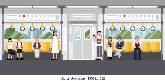 Inside air train with people. railroad car with man and woman. Interior of electric train with city view. concept vector design.