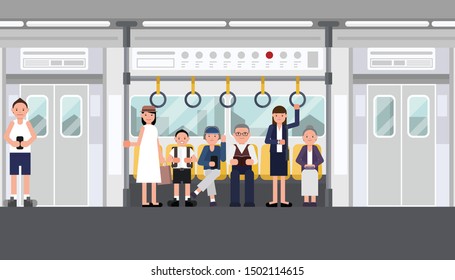 Inside air train with people. railroad car with man and woman. Interior of electric train with city view. concept vector design.