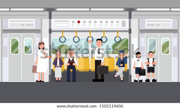 Inside air train with people. railroad car with\
man and woman. Interior of electric train with city view. concept\
vector design.