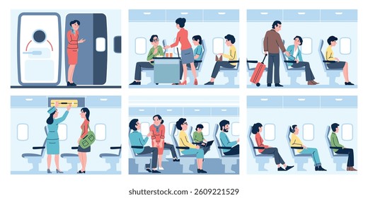 Inside airplane. Passengers travel by aircraft, boarding time, board in complete. Working stewardesses, travellers with luggage in plane, recent vector scenes