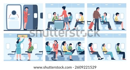 Inside airplane. Passengers travel by aircraft, boarding time, board in complete. Working stewardesses, travellers with luggage in plane, recent vector scenes