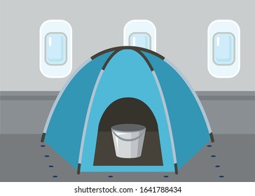 Inside An Airplane Tent With A Bucket Inside. 
Evacuation From China By Plane