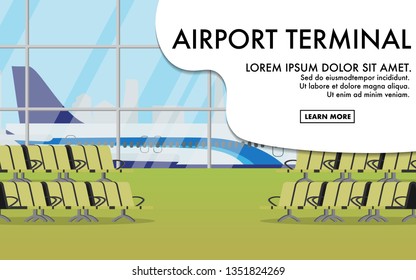 Inside the airport terminal with many empty seats and background of the airport with big airplane - copy space for text on the white background 