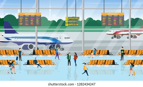 Inside the airport terminal with many passenger and airplane/plane outside the terminal