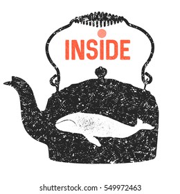 Inside art text meditation teapot and blue whale graphic drawing illustration.