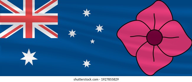 Inside the Australian flag poppy flowers. Vector illustration of a bright poppy flowers. Anzac day banner design with space for text.