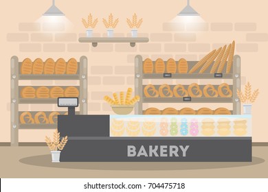 Inside the bakery cafe. Fresh and tasty pastry on the shelf and checkout.