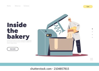 El concepto de panadería interior de la página de aterrizaje con proceso de elaboración de masa y producción de pan. Un panadero macho que pone harina en un gran mezclador industrial para amasar. Dibujo vectorial plano de dibujos animados