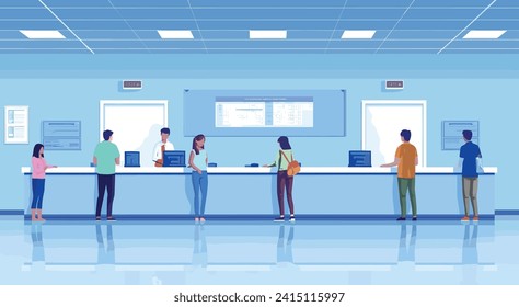 Inside a bank with customer servces and an atm machine ivector animation cartoon