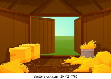 Inside barn house. Cartoon farm wooden, hay or straw inside. Door open into meadow, shed for instruments and agriculture tools recent vector scene