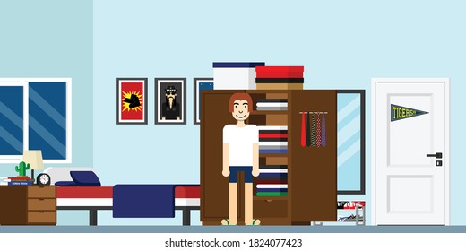 Inside the bedroom with a man standing in front of a closet beside of a bed. Editable vector flat design. Suitable for motion asset and avatar. 