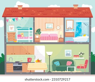 Inside a big house. Detailed interiors of cozy home. Living room, children bedroom, master bedroom, bathroom, kitchen.