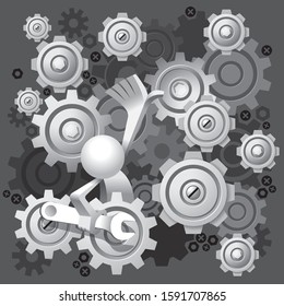 Inside the big machine cute little white Simplified man try to find the problem wheel part and fix it.