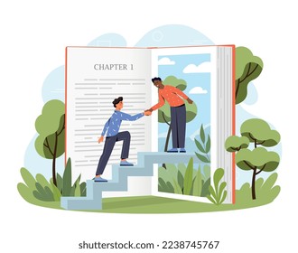 Inside book concept. Man helps young guy up stairs. Metaphor of fantasy and imagination, fiction literature and love for reading. Poster or banner for website. Cartoon flat vector illustration