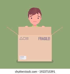 Inside the box, child of standard, normal or average thinking. Little boy hiding in a cardboard container, metaphor of simple, easy, typical life behavior. Vector flat style cartoon illustration