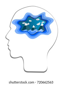 Inside brain activity thinking in mind concept with paper plane fly in the sky above mountain and ocean