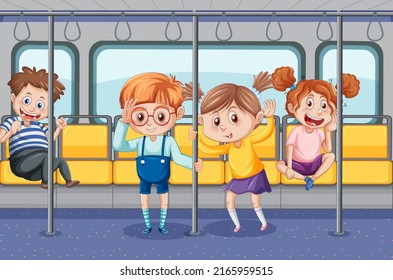 Inside bus with people cartoon illustration